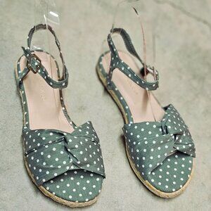 Polka Dot Espadrille Flat Sandals With Knot Detail & Adjustable Ankle Strap